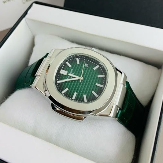 Patek Philippe Nautilus Replica - Green Leather Strap & Green Dial Silver Case Men's Watch