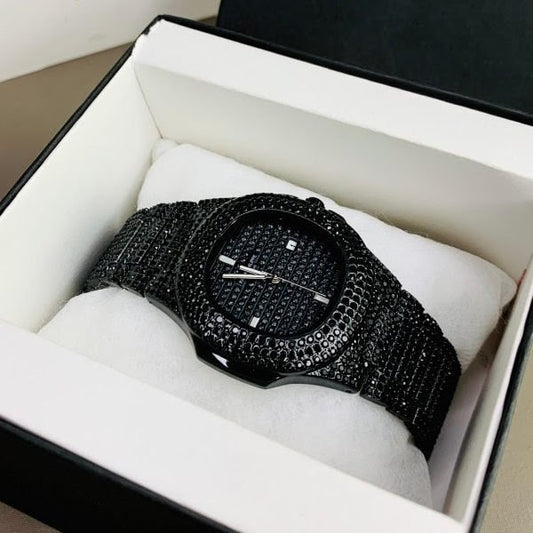 Patek Philippe Nautilus Replica - Black Diamond Chain & Black Stone Dial Men's Watch