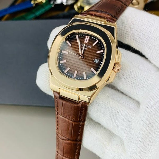Patek Philippe Nautilus Replica - Brown Dial & Strap Golden Case Men's Watch