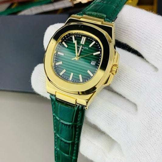 Patek Philippe Nautilus Replica - Green Leather Strap & Green Dial Golden Case Men's Watch