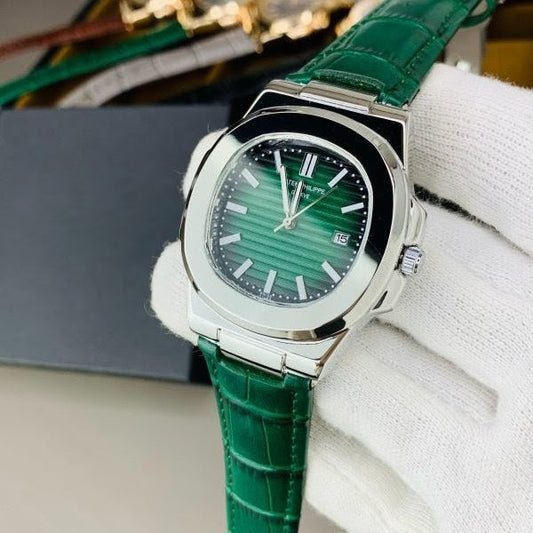 Patek Philippe Nautilus Replica - Green Leather Strap & Green Dial Silver Case Men's Watch