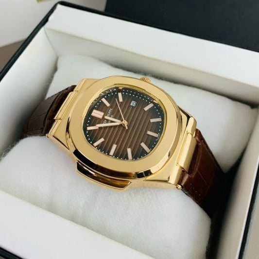 Patek Philippe Nautilus Replica - Brown Dial & Strap Golden Case Men's Watch