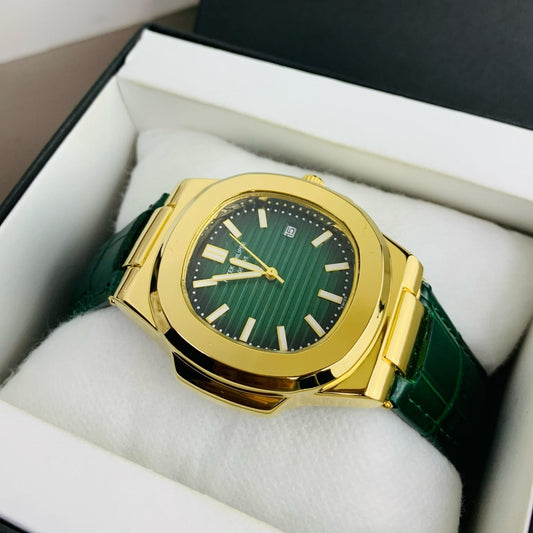 Patek Philippe Nautilus Replica - Green Leather Strap & Green Dial Golden Case Men's Watch