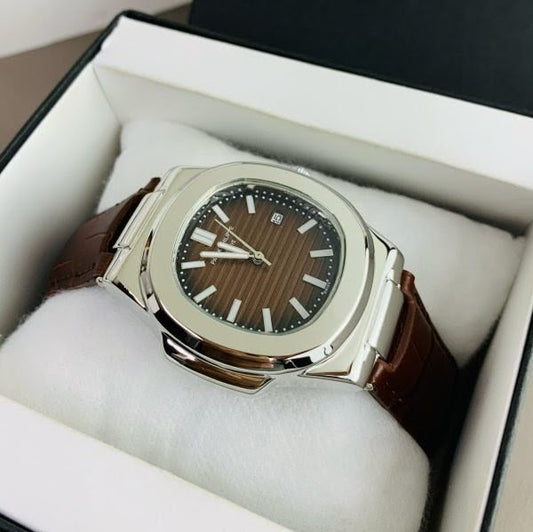 Patek Philippe Nautilus Replica - Brown Dial & Strap Silver Case Men's Watch