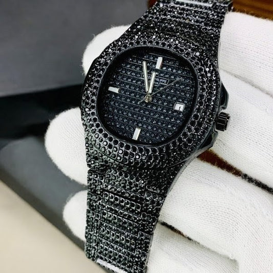Patek Philippe Nautilus Replica - Black Diamond Chain & Black Stone Dial Men's Watch