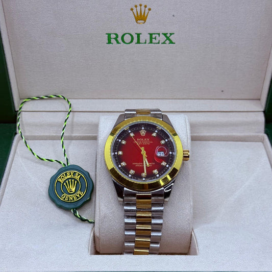 Rolex Datejust Two-Tone Red Dial with Diamond Markers - Luxury Oyster Steel and Yellow Gold Watch