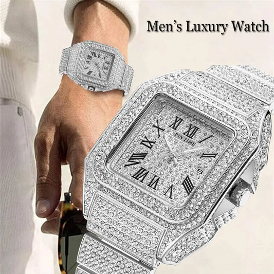 Cartier-Inspired Diamond Square Quartz Watch in Silver - Luxury Men's Timepiece with Iced-Out Bezel (40mm)