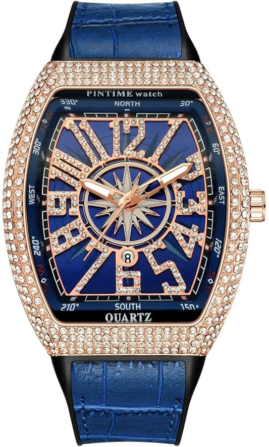 Franck Muller Vanguard Blue Dial Quartz Watch with Gold Stone Bezel - Luxury Tonneau Men's Timepiece (45mm)