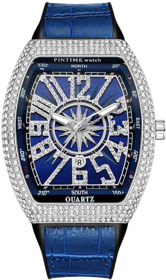 Franck Muller Vanguard Blue Dial Quartz Watch with Diamond Bezel - Luxury Tonneau Men's Timepiece (45mm)