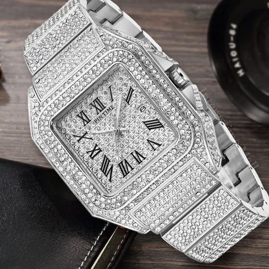 Cartier-Inspired Diamond Square Quartz Watch in Silver - Luxury Men's Timepiece with Iced-Out Bezel (40mm)