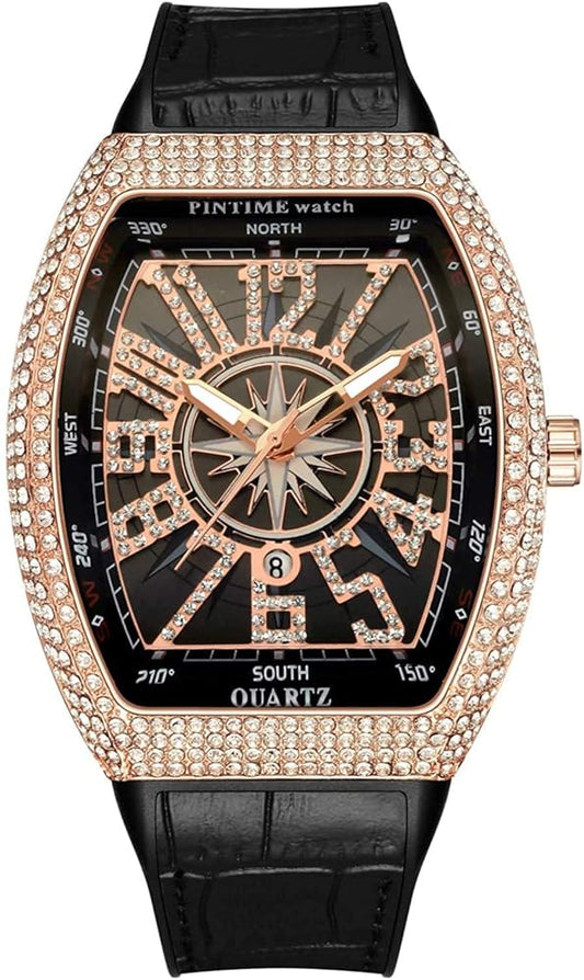 Franck Muller Vanguard Black Dial Quartz Watch with Gold Stone Bezel - Luxury Tonneau Men's Timepiece (45mm)