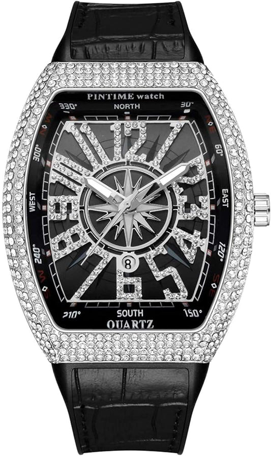 Franck Muller Vanguard Black Dial Quartz Watch with Diamond Bezel - Luxury Tonneau Men's Timepiece (45mm)