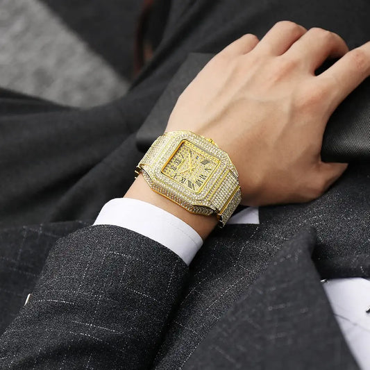 Cartier Diamond Square Quartz Watch in Golden - Iced-Out Luxury Timepiece with Roman Numerals
