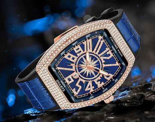 Franck Muller Vanguard Blue Dial Quartz Watch with Gold Stone Bezel - Luxury Tonneau Men's Timepiece (45mm)