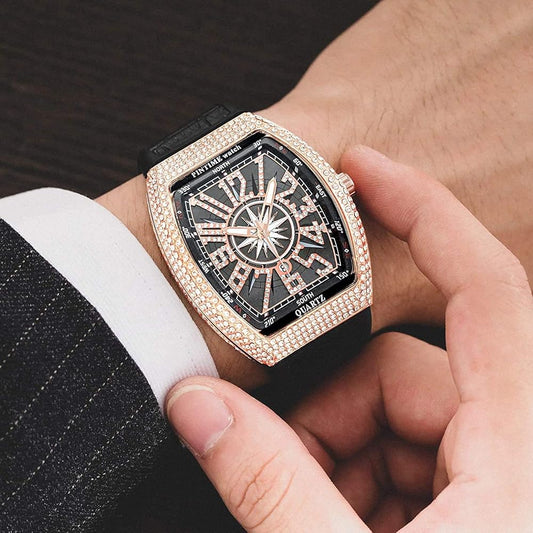 Franck Muller Vanguard Black Dial Quartz Watch with Gold Stone Bezel - Luxury Tonneau Men's Timepiece (45mm)