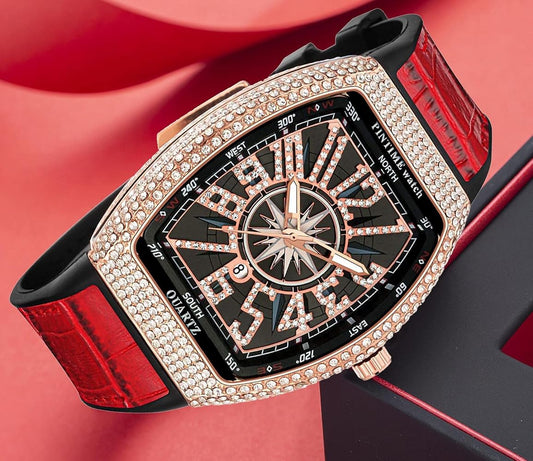 Franck Muller Vanguard Black Dial Quartz Watch with Gold Stone Bezel - Luxury Tonneau Men's Timepiece (45mm)