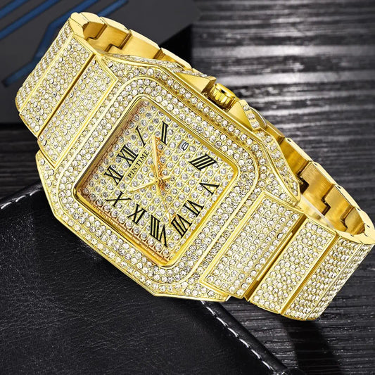 Cartier Diamond Square Quartz Watch in Golden - Iced-Out Luxury Timepiece with Roman Numerals