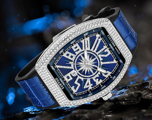 Franck Muller Vanguard Blue Dial Quartz Watch with Diamond Bezel - Luxury Tonneau Men's Timepiece (45mm)