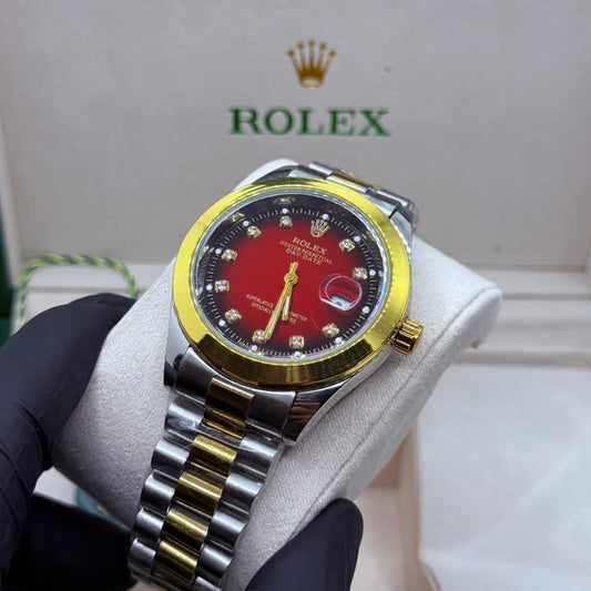 Rolex Datejust Two-Tone Red Dial with Diamond Markers - Luxury Oyster Steel and Yellow Gold Watch