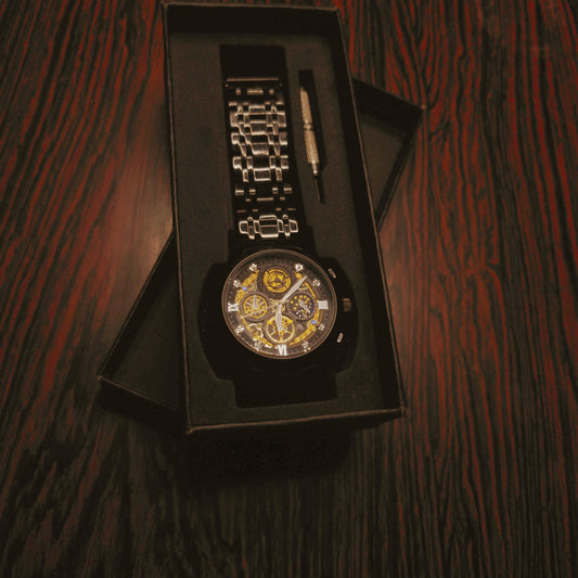 Binbond Chrono Black Gold Watch - Elegant Skeleton Design for Men