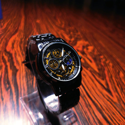 Binbond Chrono Black Gold Watch - Elegant Skeleton Design for Men