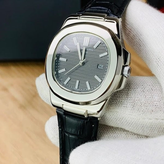 Patek Philippe Nautilus Replica - Black Dial & Strap Silver Case Men's Watch