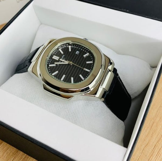 Patek Philippe Nautilus Replica - Black Dial & Strap Silver Case Men's Watch